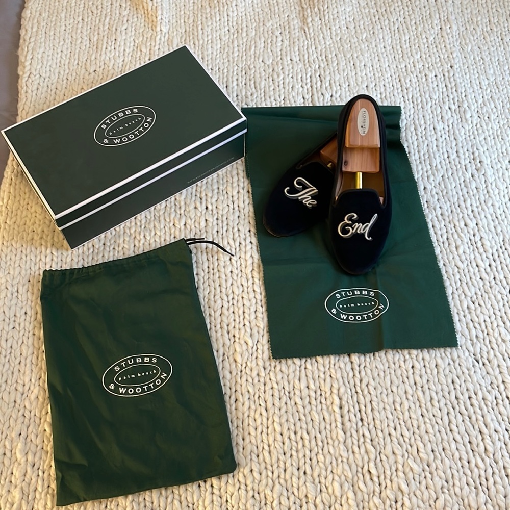 Stubbs & Wootton Black Velvet “The End” Embroidered Slipper Sz 9.5